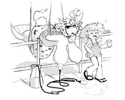 2girls big_breasts breasts clothed cow_girl drawn drinking_milk dungarees feet fupoo lactation mega_man mega_man(classic) milk_bottle milking milking_machine monochrome naked_overalls overalls partially_clothed robot robot_girl roll sandals splash_woman topless yuri