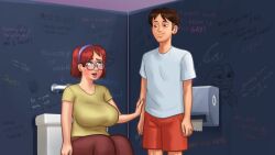 1boy 1boy1girl 1girls 2d 2d_(artwork) bathroom bathroom_stall big_breasts blush breasts brown_hair clothed clothing curves curvy curvy_body curvy_figure curvy_hips darkcookie digital_drawing_(artwork) female glasses horny horny_female judith_(summertime_saga) light-skinned_female light-skinned_male light_skin main_character_(summertime_saga) male male/female pants red_hair sitting summertime_saga teenage_girl teenager thick_thighs widescreen