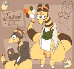 ampharos beverage catjamn clothed clothing coat coffee coffee_mug electricity eyewear feral flaccid foreskin generation_2_pokemon genitals giggling glasses hi_res jacket jammi_(catjamn) lab_coat mareep model_sheet nintendo partially_clothed penis pokemon pokemon_(species) shirt small_penis solo tank_top topwear trans_(lore) trans_woman_(lore) yellow_body