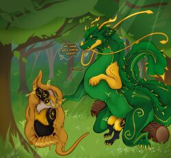 absurd_res almost_fully_inside anal anal_sex anal_vore anthro anthro_prey ass bodily_noises claws colored_flesh detailed_background dialogue dragon duo eastern_dragon extreme_size_difference feral feral_pred forest forest_background head_first hi_res internal machine makar-ro male male/male male_prey mythological_creature mythological_scalie mythology nature nature_background onomatopoeia outside partially_inside penetration plant protogen scalie sitting sitting_on_another size_difference sound_effects speech_bubble stomach_bulge tail text tree vore