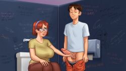 1boy 1boy1girl 1girls 2d 2d_(artwork) animated animated_gif balls bathroom bathroom_stall big_breasts big_penis blush breasts brown_hair clothed clothing curves curvy curvy_body curvy_figure curvy_hips darkcookie digital_drawing_(artwork) erect_penis erection female gif glasses handjob horny horny_female huge_cock judith_(summertime_saga) light-skinned_female light-skinned_male light_skin looking_at_partner main_character_(summertime_saga) male male/female pants penis pleasure_face red_hair shorts_down sitting smooth_animation stroking stroking_cock stroking_penis summertime_saga tease teasing teenage_girl teenager thick_thighs widescreen