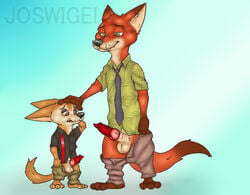 2boys animal_genitalia animal_penis black_nose canine canine_penis clothing disney fennec finnick fox gay green_eyes joswigei knot male male_only mammal necktie nick_wilde pants penis sheath shirt size_difference yaoi zootopia