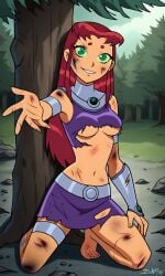 ai_generated alien ass belt bigmic145 breasts bruise crop_top damaged damaged_clothes dc dc_comics female gauntlets jewelry long_hair navel red_hair scrape skirt starfire teen_titans torn_clothes torn_clothing underboob