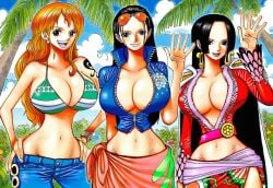 accurate_art_style accuratemanga ai_generated beach black_hair blue_eyes boa_hancock breasts day female gigantic_breasts group happy huge_ass huge_breasts large_breasts light-skinned_female light_skin long_hair looking_at_viewer looking_away manga nami_(one_piece) nico_robin one_piece orange_hair original outdoors outside slim_waist smile standing suggestive thick_thighs