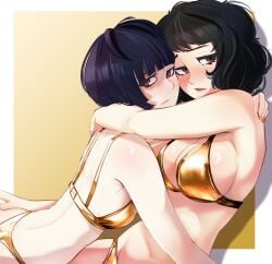 tae_takemi sadayo_kawakami persona_5 persona 2girls bikini gold_bikini golden_week atlus yuri hugging black_hair short_hair blunt_bangs large_breasts medium_breasts gradient_background blysill brown_eyes blush looking_at_viewer cleavage sideboob
