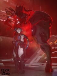 arachnid bent_over big_ass big_belly big_breasts breasts female huge_ass hungry imminent_death imminent_vore larger_female looming looming_over male nervous nezha_(warframe) oraxia_(warframe) qzk_forte red_body sagging_belly smaller_male spider spider_girl spider_woman unaware warframe