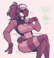 awaria bitepilled cap crossed_legs dark-skinned_female dark_skin dr._striga_(awaria) drinking drunk drunk_bubble english_text facepaint female gloves leotard muscular_female ponytail sitting thigh_highs thighhighs yaga_(awaria)