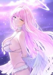 anime_style big_breasts bikini blue_archive mika_(blue_archive) perfect_body perfect_boobs perfection pink_hair sideboob smile unknown_artist