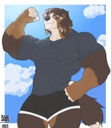2023 abs absurd_res anthro artist_name athletic_wear balls_bulge bara big_muscles biped black_bottomwear black_clothing black_shorts bottomwear brown_body brown_fur bulge canid canine canis claws clothed clothed_anthro clothed_male clothing cloud colored day detailed_bulge dipstick_tail domestic_dog finger_claws fingers fist flexing flexing_bicep front_view fur genital_outline grey_clothing grey_shirt grey_topwear gym_bottomwear gym_shorts hand_on_hip hi_res humanoid_hands isaac_andel looking_at_viewer looking_down low-angle_view male mammal markings medium_hair multicolored_body multicolored_fur muscles muscular muscular_anthro muscular_arms muscular_male nipple_outline orange_eyes outside pecs penis penis_outline pose shirt shorts sky solo standing tail tail_markings text topwear white_body white_fur yaoi