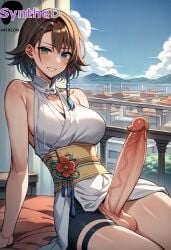 1futa ai_generated artist_name artist_signature balls bare_shoulders blue_eyes breasts brown_hair earrings erection final_fantasy final_fantasy_x futa_sans_pussy futanari green_eyes grin heterochromia hi_res high_resolution highres huge_cock indoors intersex jewelry large_breasts large_penis looking_at_viewer patreon penis short_hair shorts sitting smile solo synthed testicles thigh_strap uncensored veins veiny_penis yuna