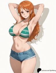 1girls ai_generated armpits arms_behind_head bangs bikini breasts brown_eyes closed_mouth collarbone denim_shorts earrings female green_bikini hi_res high_quality high_resolution highres huge_breasts large_breasts light light_blush lips long_hair looking_at_viewer midriff nami_(one_piece) navel nose one_piece opal_nemy orange_hair patreon_logo patreon_url patreon_username plain_background self_upload shadow shiny shiny_clothes shiny_hair shiny_skin short_shorts shorts simple_background solo swimsuit thick_thighs thighs watermark white_background