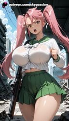 1girls 2025 ai_assisted ai_generated anime anti-materiel_rifle artist_name assault_rifle battle_rifle big_breasts big_breasts big_breasts big_chest blush breast breasts breasts breasts brown_eyes building bullpup bust busty chest city cloud day explicit female green_skirt gun h&k_hk416 handgun heckler_&_koch hi_res high_quality high_resolution highres highschool_of_the_dead holding_gun holding_weapon kalashnikov_rifle large_breasts long_hair looking_at_viewer machine_gun open_mouth outdoors patreon patreon_username pink_hair pleated_skirt rifle school_uniform scope see-through serafuku skirt sky skypassion skyscraper sniper_rifle solo stable_diffusion submachine_gun takagi_saya thick_thighs thighs trigger_discipline twintails walther watermark weapon