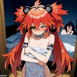 (titancore) adult ai_generated bear_ears bedroom black_hair breasts covering_breasts covering_crotch embarrassed female females girls grace_howard hair_ornament koleda_belobog naked ponytail red_hair shock twintails video_game_character walking_away yuri zenless_zone_zero