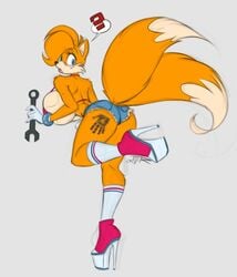 1girls ? anthro ass backside bikini_bra bimbo blue_eyes breasts dat_ass dirty fox fox_ears fox_tail furry hand_mark high_heels huge_breasts jean_shorts lipstick looking_at_viewer looking_back miles_prower plump_ass rule_63 sega short_shorts sideboob slightly_chubby sonic_(series) sonic_team tails tailsko teer video_games wrench