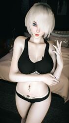 1girls 3d 4k bed bedroom belly blacked blacked_clothing blue_eyes bra breasts chromatic_aberration crashbanditkut eyeliner female female_focus hair hi_res high_resolution highres light-skinned_female light_skin lips looking_at_viewer medium_hair nail_polish nails navel navel_piercing nier nier:_automata nier_(series) panties piercing qos qos_tattoo queen_of_spades queen_of_spades_symbol queen_of_spades_tattoo short_hair small_breasts solo spade_tattoo video_game_character video_games virt-a-mate virtamate white_hair yorha_2b