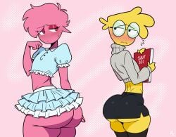 2boys bubble_butt femboy feminine_body feminine_male feminine_pose frilled_skirt gay glasses kaptainkolor male nerd original pencil_skirt pink_(kaptainkolor) round_ass skirt thighhighs turtleneck_sweater voluptuous voluptuous_male yaoi yellow_(kaptainkolor)
