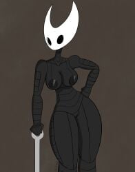 absurd_res anthro areola arthropod big_breasts black_areola black_body black_eyes black_nipples breasts brown_background empty_eyes female front_view genitals hand_on_hip hi_res holding_object holding_weapon hollow_knight hornet_(hollow_knight) insects nipples nude pussy simple_background solid_eyes solo team_cherry thick_thighs vulva weapon white_body wide_hips zhenai