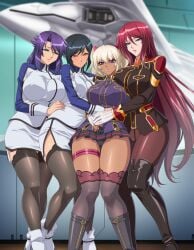 4girls ai_generated beatrice_kushan boots curvaceous curvy curvy_figure highres huge_breasts hugging indoors kangoku_senkan kangoku_senkan_3 kila_kushan lieri_bishop lilith-soft mature_female military_uniform naomi_evans panties rieri_bishop skirt slim_waist space spacecraft taimanin_(series) thick_thighs thighhighs