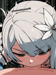 1girls ai_generated breasts brown_eyes cum deepthroat female kaine_(nier) male medium_breasts nier nier_(series) penis pov sergunyaa23 tagme white_hair
