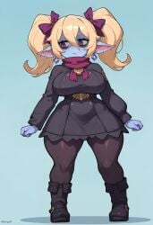 1girls 2025 ai_generated big_breasts blonde_hair blue_skin breasts child_bearing_hips cosplay earrings female female_only hair_ornament hex_maniac huge_breasts league_of_legends looking_away noonyx pokemon poppy purple_eyes thick_thighs twintails yordle