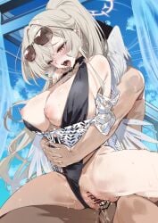 1boy absurdres angel_wings bar_censor black_one-piece_swimsuit blue_archive blue_sky breasts brown_eyes brown_hair censored commentary_request eyewear_on_head female grabbing_from_behind halo highres indoors jewelry kurotsuki_machi large_breasts long_hair male nagisa_(blue_archive) nagisa_(swimsuit)_(blue_archive) necklace nipples official_alternate_costume one-piece_swimsuit pearl_necklace penis ponytail pussy reverse_suspended_congress saliva sex sky straight sunglasses swimsuit tongue tongue_out vaginal_penetration very_long_hair wings