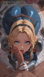 1boy 1girls ai_generated all_fours armor ass black_hairband blonde_hair blue_bodysuit blue_eyes blush bodysuit book breasts clothed_female_nude_male dark-skinned_male erection fellatio forehead from_above gloves hairband large_breasts league_of_legends league_of_legends:_wild_rift licking licking_penis long_hair looking_at_viewer lux lux_(league_of_legends) lux_legue_of_legends luxanna_crownguard nude open_mouth oral parted_bangs patreon_logo patreon_username penis penis_on_face pov pov_crotch riot_games skin_tight solo_focus straight testicles tongue tongue_out totalsaki uncensored veins veiny_penis weapon white_gloves