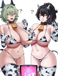 2girls ? absurdres arapanchi big_breasts bikini black_hair brainwashing breasts caesar_king caesar_king_(zenless_zone_zero) collar confused cow_girl cow_horns cow_horns_headband cow_print cow_print_bikini cow_tail cowbell cowbell_collar cowgirl fake_horns fake_tail female female_only gloves green_hair hucow hypnosis hypnosis_app large_breasts mental_transformation mind_control mind_control_app navel pale_skin personality_change petplay red_streak skindentation small_bikini tech_control thick_thighs thighhighs thighs two_tone_hair white_background zenless_zone_zero zhu_yuan
