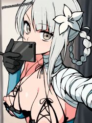 1girls ai_generated breasts brown_eyes female kaine_(nier) medium_breasts nier nier_(series) nipples selfie sergunyaa23 tagme white_hair