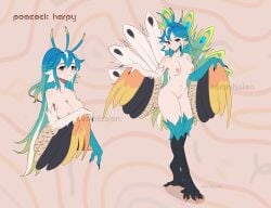 absurdres animal_ears bird_ears bird_legs bird_tail blue_hair breasts brown_background brown_eyes commentary commission english_commentary feathered_wings female highres medium_breasts multicolored_hair multicolored_wings multiple_views navel nipples nude original peacock_feathers pussy tail talons twitter_username uncensored unreal_fish winged_arms wings