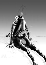 4_arms absurd_res antennae_(anatomy) anthro arthropod blattodean butt cockroach crown exoskeleton female gafomit genitals headgear hi_res insect looking_back monochrome multi_arm multi_limb nude roya_roach sharp_teeth solo teeth versus_(manga) vulva
