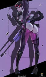 blizzard_entertainment busty cameltoe cleavage curvy eyelashes female grandialee large_ass large_breasts long_hair overwatch partially_nude purple_hair purple_lips purple_skin smile solo thong voluptuous wide_hips widowmaker yellow_eyes