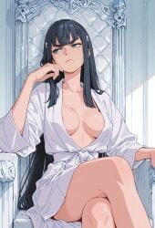 ai_generated areola_slip bathrobe black_hair blue_eyes breasts breasts_apart crossed_legs dsp female hand_rest kill_la_kill kiryuuin_satsuki medium_breasts sitting solo thighs very_long_hair
