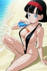 1girls accurate_art_style ai_generated bare_legs bare_shoulders barefoot beach bent_knee big_breasts black_hair black_swimsuit blue_eyes blunt_bangs bob_cut breasts cleavage curvaceous curvy curvy_figure dappled_sunlight dragon_ball dragon_ball_super feet female female_focus female_only from_above hairband light_particles light_rays looking_at_viewer lotion lotion_bottle mature mature_female milf ocean oil oiled_skin on_floor one-piece_swimsuit outdoors petite pinup pouring pouring_on_breasts pouring_on_self red_hairband revealing_swimsuit sand sexually_suggestive shiny_skin short_hair sitting sitting_on_floor skindentation sling_bikini slingshot_swimsuit smile solo suggestive suggestive_fluid suggestive_gesture suggestive_look suggestive_pose sunbathing swimsuit teasing teasing_viewer uncensored videl videl_(dragon_ball_super) water wide_hips