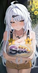 1girls ahoge arms_under_breasts averting_eyes bare_shoulders belle_(summer_skies)_(zenless_zone_zero) belle_(zenless_zone_zero)_(cosplay) bikini blush breasts cleavage closed_mouth collarbone cosplay crop_top cropped_shirt gaitoou hair_ornament highres hoyoverse jewelry large_breasts long_hair mihoyo navel necklace off_shoulder orange_bikini orange_shorts shirt shorts solo stomach swimsuit thighs very_long_hair wet white_hair white_shirt yellow_eyes yixuan_(zenless_zone_zero) zenless_zone_zero
