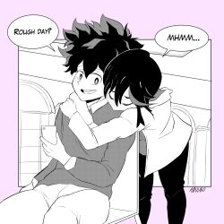 1boy 1girls aduubo_atriani bent_over boku_no_hero_academia comforting couple crossover cute dekyuko embrace english_text fanon_couple female fully_clothed hugging hugging_from_behind izuku_midoriya kill_la_kill male matoi_ryuuko my_hero_academia sitting smartphone speech_bubble studio_trigger tired tomboy wholesome