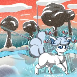 2025 3_toes absurd_res alolan_form alolan_vulpix animal_genitalia aura balls blue_eyes blue_hair bow_ribbon braided_hair braided_ponytail canid canine curly_hair digital_drawing_(artwork) digital_media_(artwork) feet feral floating_weapons fluffy fluffy_tail fox fur generation_7_pokemon genitals hair hi_res jewelry magic male mammal melee_weapon necklace ninjatommy21 nintendo nude nude_feral pokemon pokemon_(species) ponytail quadruped rapier regional_form_(pokemon) ribbons sheath solo sword tail telekinesis toes trans_(lore) trans_woman_(lore) true_fox weapon white_body white_fur
