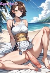 1futa ai_generated artist_name artist_signature balls bare_shoulders barefoot beach_towel blue_eyes breasts brown_hair collarbone earrings erection feet final_fantasy final_fantasy_x futa_sans_pussy futanari green_eyes heterochromia hi_res high_resolution highres huge_cock intersex knee_up legs looking_at_viewer medium_breasts outdoors patreon penis short_hair sitting smile solo synthed testicles thighs toes uncensored veins veiny_penis yuna