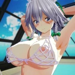 1girls 3d animated armpits arms_behind_back arms_behind_head big_breasts bikini blue_eyes blush bouncing_breasts breasts busty cleavage close-up confident female female_only from_below grey_hair highres jiggle large_breasts legs looking_at_viewer navel nipples pool pose posing rei_no_pool revealing_clothes sakuya_izayoi seductive seductive_look seductive_smile see-through_clothes sensual sexy sexy_armpits sexy_pose short_hair solo swimsuit tagme thighs toned touhou video voluptuous water