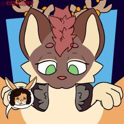 animal_humanoid animated anthro antlers bell bite biting_lip bodily_fluids breath brown_hair cheek_tuft chest_tuft cum cum_in_mouth cum_inside cum_on_penis cum_spill duo eye_contact eyebrows eyelashes eyeshadow eyewear facial_tuft fade_out fade_to_black felid feline felis fellatio female female_penetrated first_person_view genital_fluids genitals glasses green_eyes hair hand_on_leg hand_on_thigh horn humanoid humanoid_genitalia humanoid_penis irrumatio lagomorph leporid looking_at_another looking_at_viewer makeup male male/female male_penetrating male_penetrating_female male_pov mammal mammal_humanoid oral penetration penile penis penis_in_mouth rabbit red_hair round_glasses sex short_playtime simple_background speech_bubble thrusting thrusting_into_mouth tuft wearing_glasses