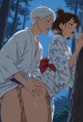 1boy1girl ai_generated crossover cum_inside dandadan female from_behind gay_male gay_to_straight gay_with_woman hikaru_indou_(the_summer_hikaru_died) kimono male miko_(dandadan) moonlight night pussy standing the_summer_hikaru_died vaginal_penetration yukata