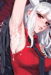 1girls ai_generated armpit armpit_fetish armpits arms_up breasts chocopizza cum cum_on_armpit cum_on_armpits female helltaker looking_at_viewer lucifer_(helltaker) semen semen_on_body solo solo_female solo_focus