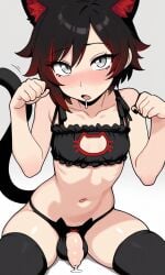1futa ai_generated black_nails cat_ears cat_girl cat_lingerie cat_tail catgirl female foreskin futa_only futanari intersex penis precum ruby_rose rwby small_penis thighhighs uncircumcised