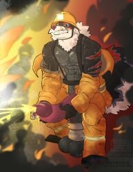 abs absurd_res anthro arca arcanine armor ball_stretcher ball_weights balls big_balls big_penis bodily_fluids boots bottomwear clenched_teeth clothed clothing fire firefighter firefighter_helmet firefighter_uniform footwear generation_1_pokemon genital_fluids genitals headgear helmet hi_res huge_balls huge_penis male muscular muscular_arms muscular_male nintendo nipples open_bottomwear open_clothing open_pants pants peeing penis plantigrade pokemon pokemon_(species) saggy_balls shoes snowmutt solo sweat tail teeth uniform urine vein veiny_penis watersports working