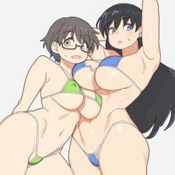 2girls :o arched_back arm_at_side armpit_crease armpits arms_behind_head arms_up bikini black_hair blue_bikini blue_eyes blue_hair breast_on_breast breast_press breast_rest breasts brown_hair cleavage clitoris covered_clitoris covered_erect_nipples cowboy_shot dot_nose ear_piercing ear_ring earrings eyewear female female_focus female_only glasses green_bikini hair_behind_ear hair_between_eyes height_difference highleg highleg_bikini highres huge_breasts imari_youko jewelry large_breasts leaning_on_person light-skinned_female light_skin long_hair multicolored_hair multiple_girls nagi_arato navel nipple_bulge nipple_outline no_nose onsen_tamago_(hs_egg) parted_lips perfect_body pussy raised_eyebrows ruri_no_houseki ruri_rocks semi-rimless_eyewear short_hair sideways_glance simple_background skimpy skimpy_bikini small_sweatdrop string_bikini stud_earrings sweatdrop swimsuit thong thong_bikini two_tone_hair under-rim_eyewear underboob voluptuous voluptuous_female yellow_eyes