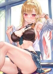 armpits ass bare_shoulders bead_bracelet beads between_breasts black_bra black_choker black_panties blonde_hair blue_necktie blue_skirt bra bracelet breasts choker cleavage crotch_seam desk dress_shirt ear_piercing female fujima_takuya gradient_hair grin hands_up indoors jewelry kitagawa_marin knee_up lace lace-trimmed_bra lace_trim large_breasts long_hair long_sleeves looking_at_viewer miniskirt multicolored_hair navel necktie necktie_between_breasts on_desk open_clothes open_shirt open_skirt panties piercing pink_hair plaid_clothes plaid_skirt red_eyes school_uniform shirt sitting skirt smile solo sono_bisque_doll_wa_koi_wo_suru stomach strap_gap sweat thighs underwear white_shirt