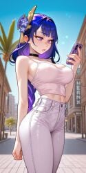 1girls ai_generated bangs blue_sky breasts camisole choker city denim female genshin_impact hair_ornament holding_phone hoyoverse jeans large_breasts long_hair looking_at_phone midriff mihoyo navel outdoors palm_tree perfect_body purple_eyes purple_hair raiden_shogun solo standing tank_top tight_clothing