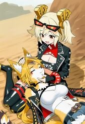 2girls ai_art ai_generated animal_ears animal_tail blonde_hair body_hair burnice_white catgirl chin_scratch crop_top desert detached_sleeves hair_ornament headpat jacket lap_pillow lying_on_back novelai petting ponytail pulchra_fellini red_eyes shorts skirt straps sunglasses twintails yuri zenless_zone_zero
