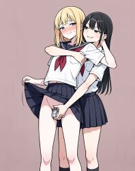 1boy 1girls ai_generated ball_grab balls black_hair blonde_hair blush chastity_cage crossdressing domination embarrassed female femboy femdom girly grey_eyes male penis plain_background school_uniform schoolgirl skirt skirt_lift small_penis smiling smug trap