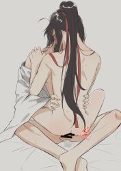 2boys absurdres ahoge anal ass back balls bar_censor bed_sheet bite_mark black_hair blush bottomless censored chinese_clothes completely_nude couple cum cum_in_ass grey_background hair_ribbon hand_on_another's_shoulder hands_on_another's_waist hanfu hickey highres hug koma_horen lan_wangji long_hair looking_back male male_focus male_penetrated modao_zushi multiple_boys nude off_shoulder on_bed open_clothes open_robe penis ponytail purple_eyes red_ribbon ribbon robe sex sidelocks simple_background sitting sitting_on_lap sitting_on_person straddling sweat testicles upright_straddle very_long_hair wei_wuxian white_hanfu yaoi