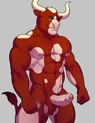 2017 5_fingers abs anthro balls biceps biped bovine cattle digital_media_(artwork) erection eyebrows facial_piercing front_view fur grey_background hi_res horn humanoid_hands humanoid_penis knuxlight male male_only mammal multicolored_balls multicolored_fur muscular muscular_male nipples nose_piercing nose_ring nude pecs penis pepsi_(fa) piercing pink_nipples portrait red_balls red_fur red_tail septum_piercing simple_background smile smirk snout solo standing tail_tuft tate_fulton three-quarter_portrait tuft two_tone_balls two_tone_fur uncut white_balls white_fur white_horn white_penis